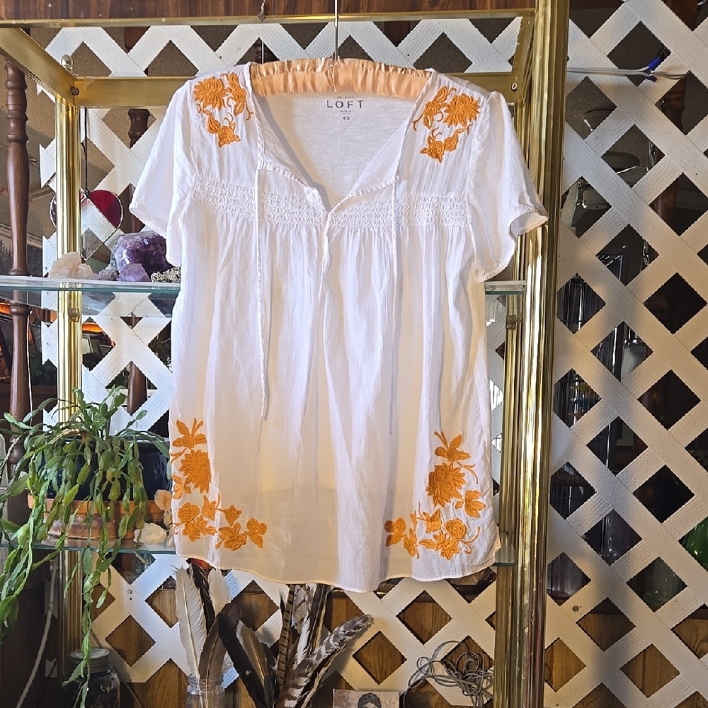 LOFT White and Orange Embroidered Women's Top Size XS-FC